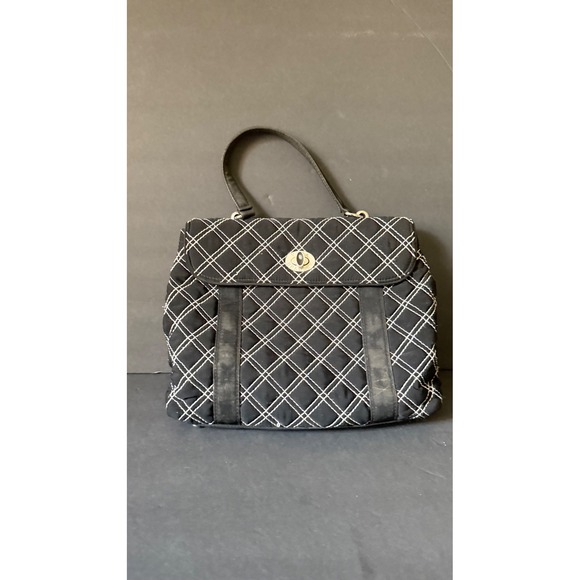 Vera Bradley Black Quilted Satchel Handbag Purse Turn Lock Floral Interior - Picture 1 of 9